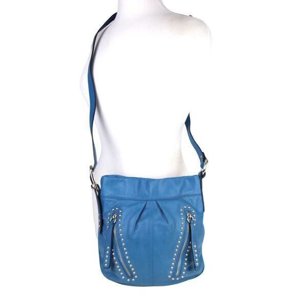 B.Makowsky BLUE GENUINE LEATHER STUDDED ZIP POCKET CROSSBODY SHOULDER BAG PURSE - Picture 1 of 16
